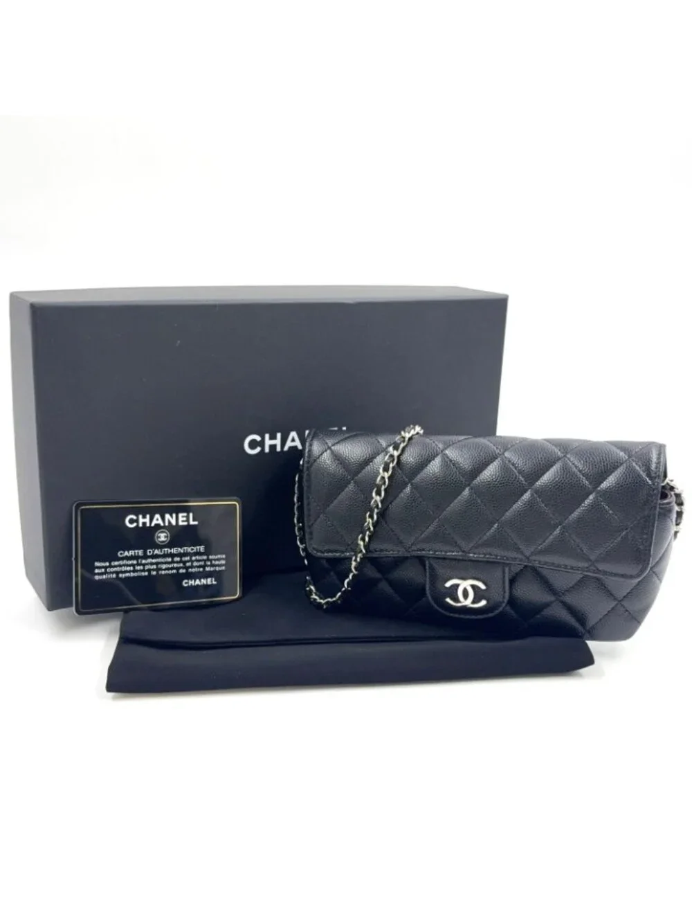 Chanel Quilted Eyewear Case Caviar Leather Black Chain Shoulder Bag Silver